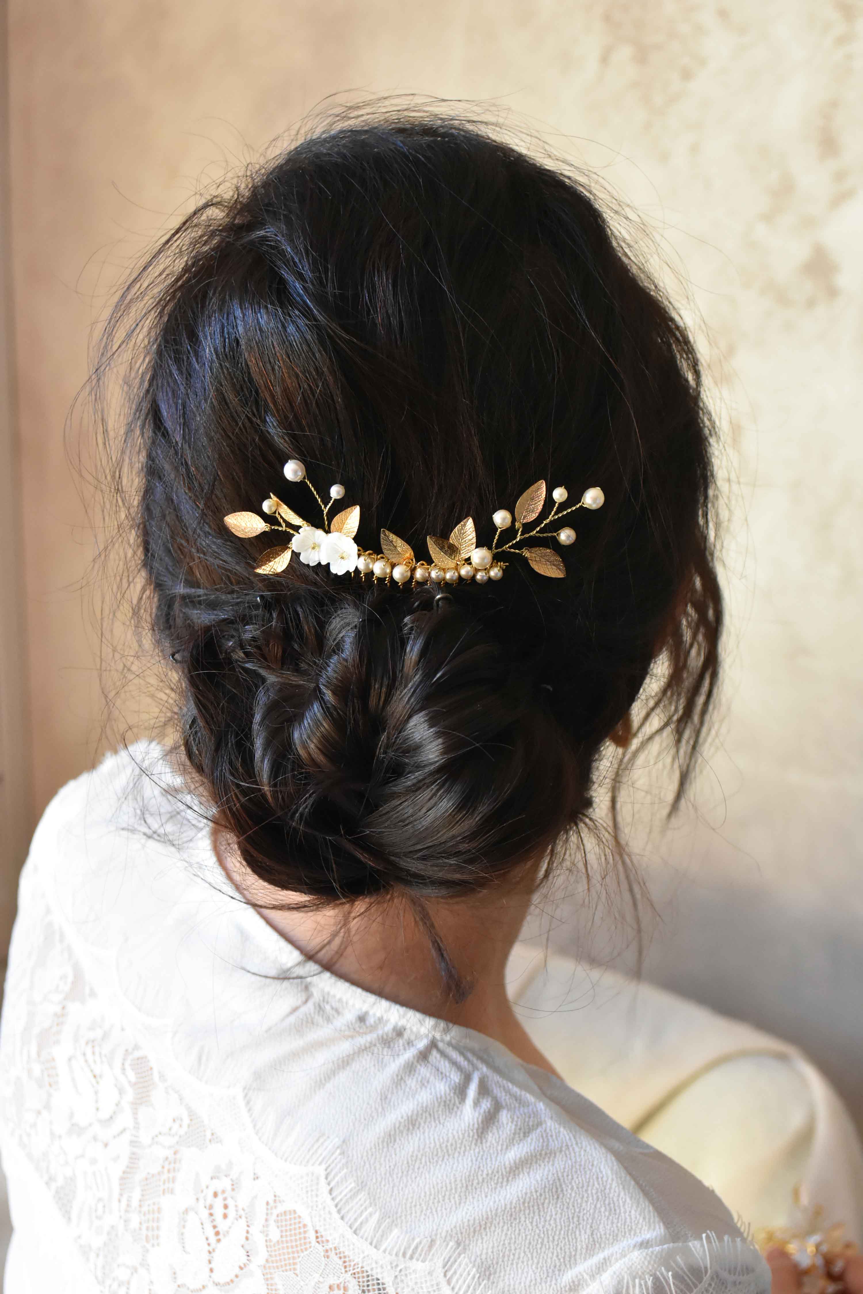 peigne cheveux lilas bijoux mariage feuilles et perles Maine et loire