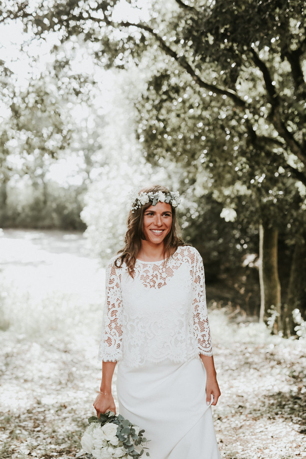 bouquet de mariee et couronne épurée blanc