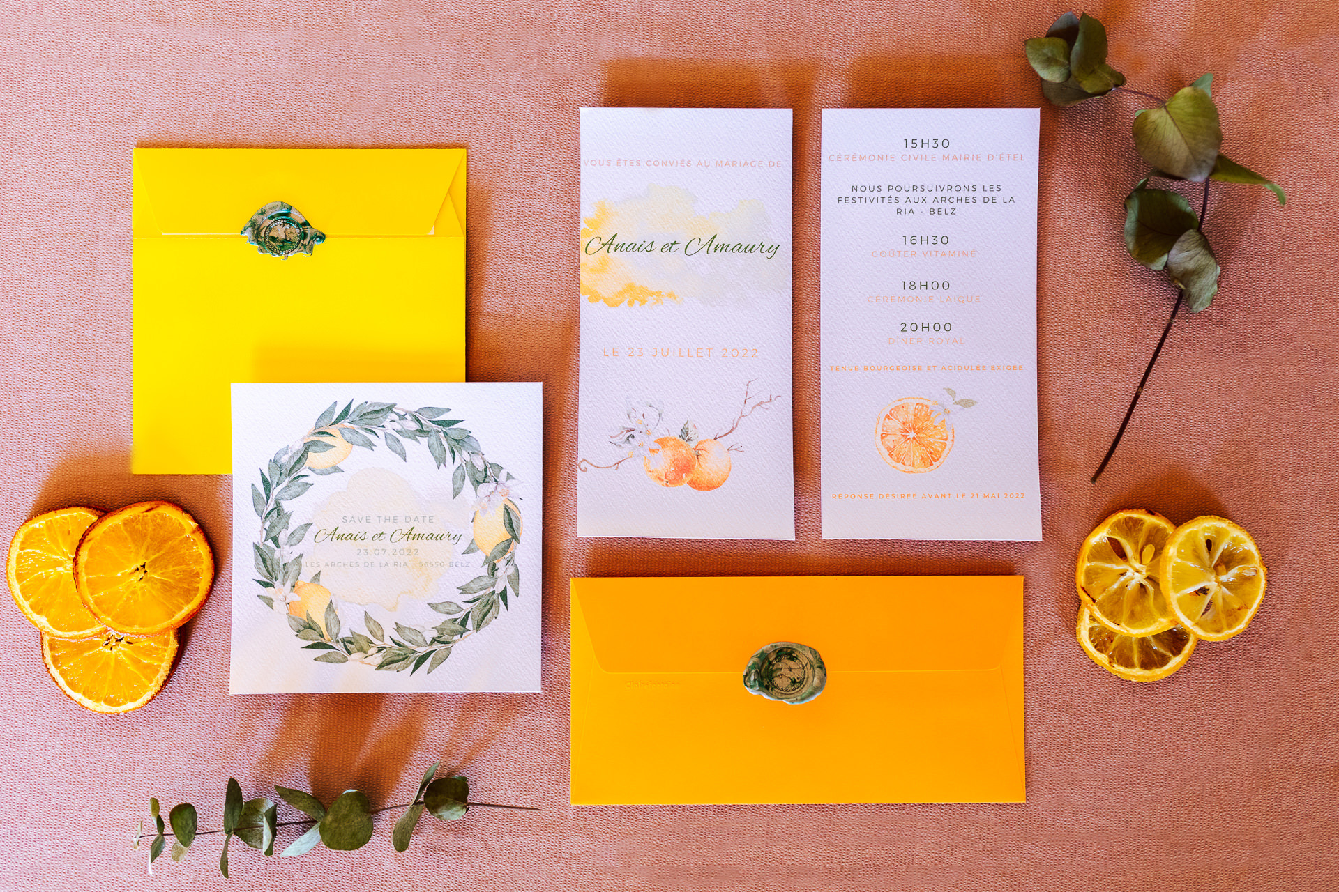 papeterie faire part mariage colore vintage agrumes orange shooting dinspiration rennes