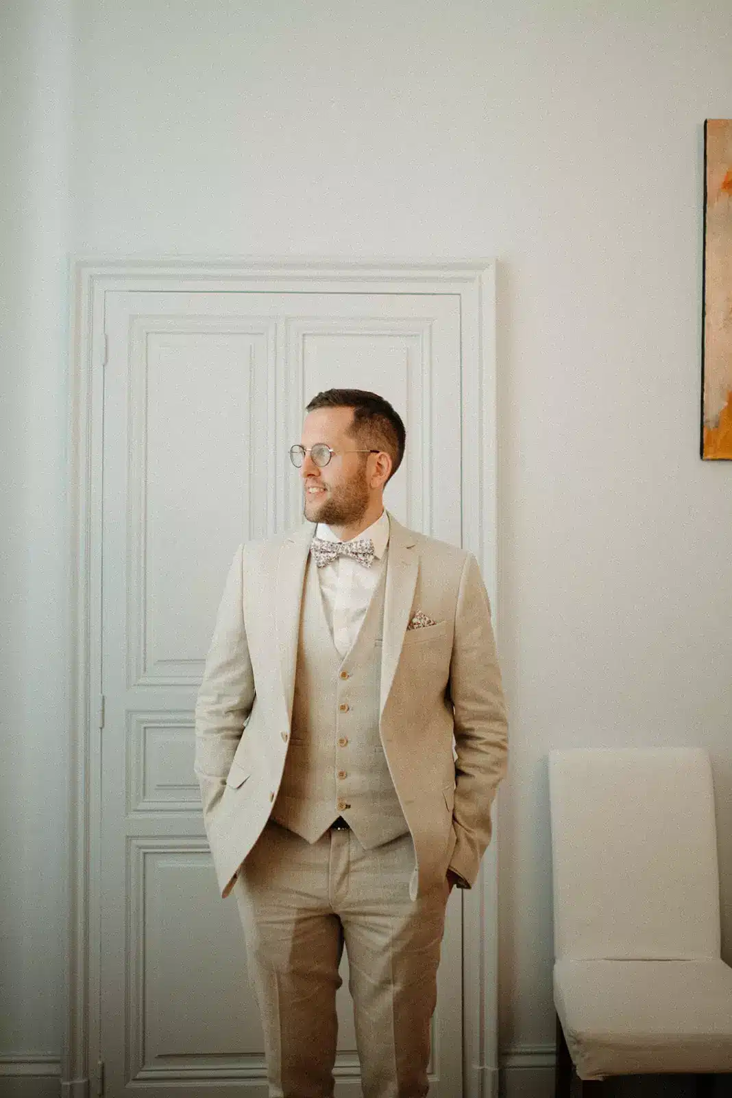 costume trois pieces beige mariage champetre