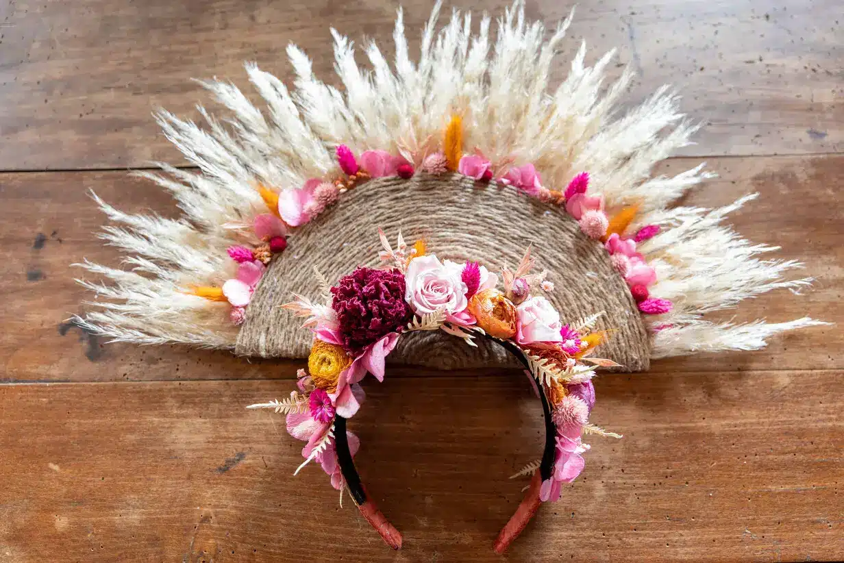 accessoire cheveux mariage serre tête floral fleurs séchées sarthe