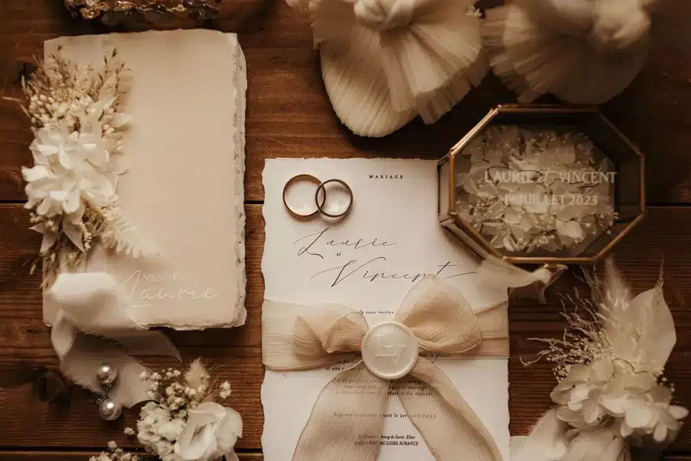flatlay papeterie mariage en photo jour J
