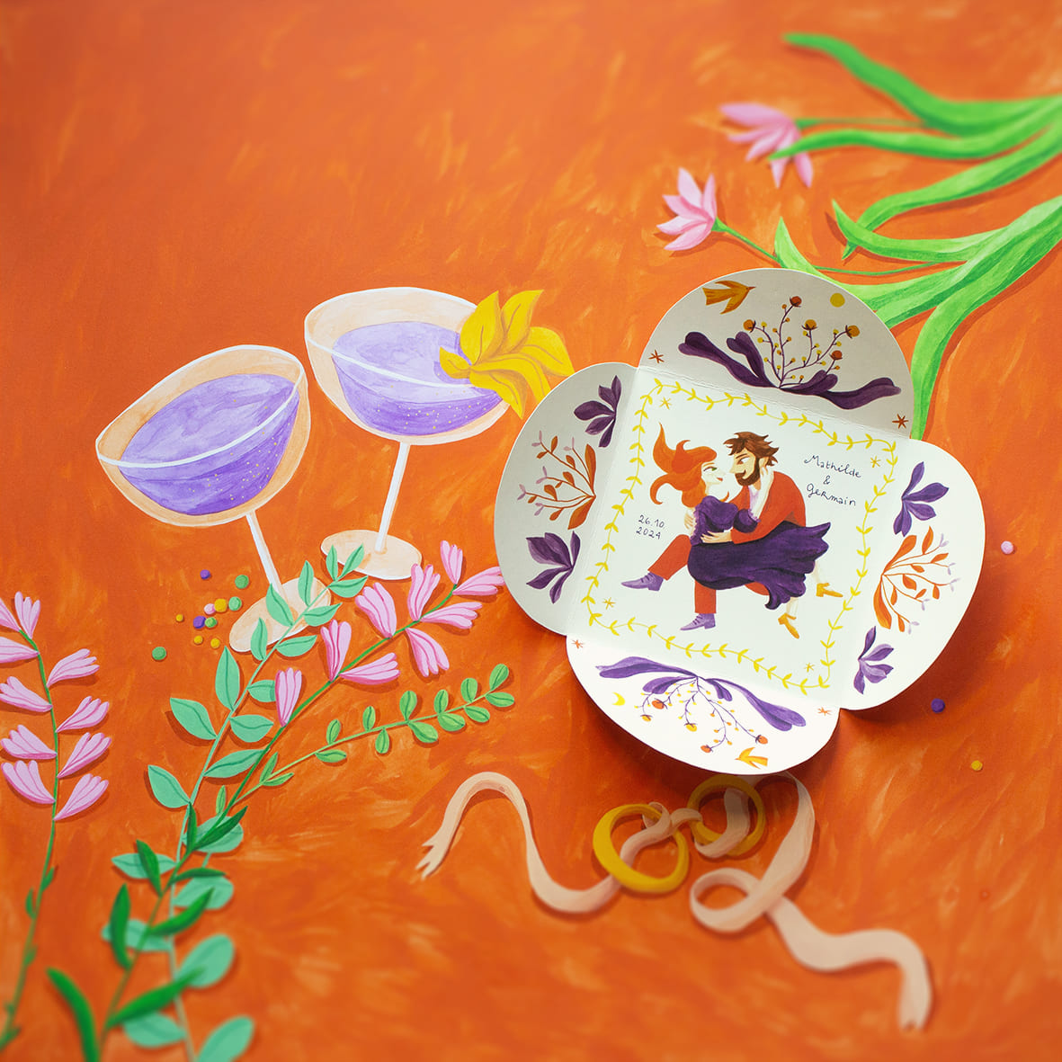 fond peint faire-part mariage sur-mesure original rabats ronds couple motif fleurs plantes oiseaux lune